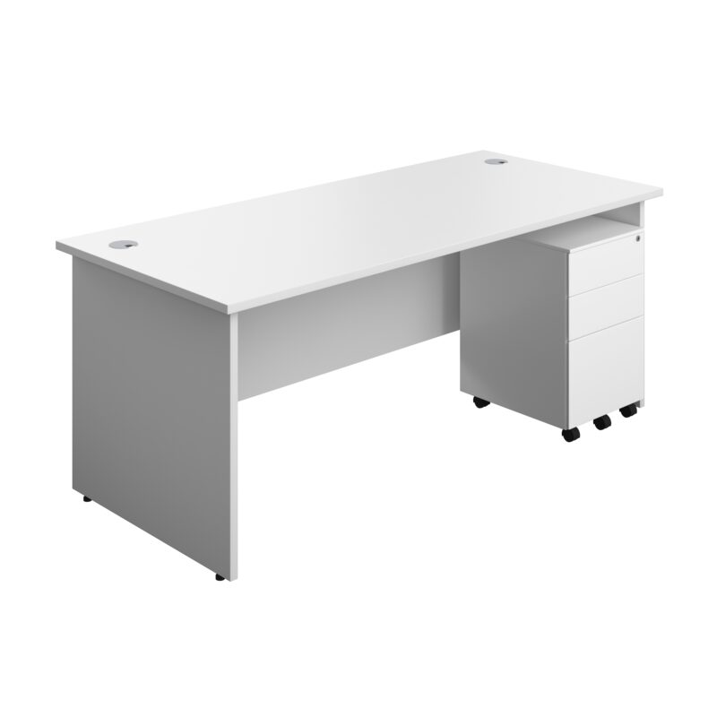 Panel Rectangular Desk + 3 Drawer Steel Pedestal Bundle | 1800X800 | White/White