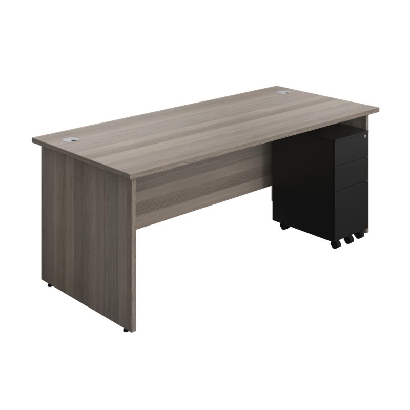 Panel Rectangular Desk + 3 Drawer Slimline Steel Pedestal Bundle | 1800X800 | Grey Oak/Black