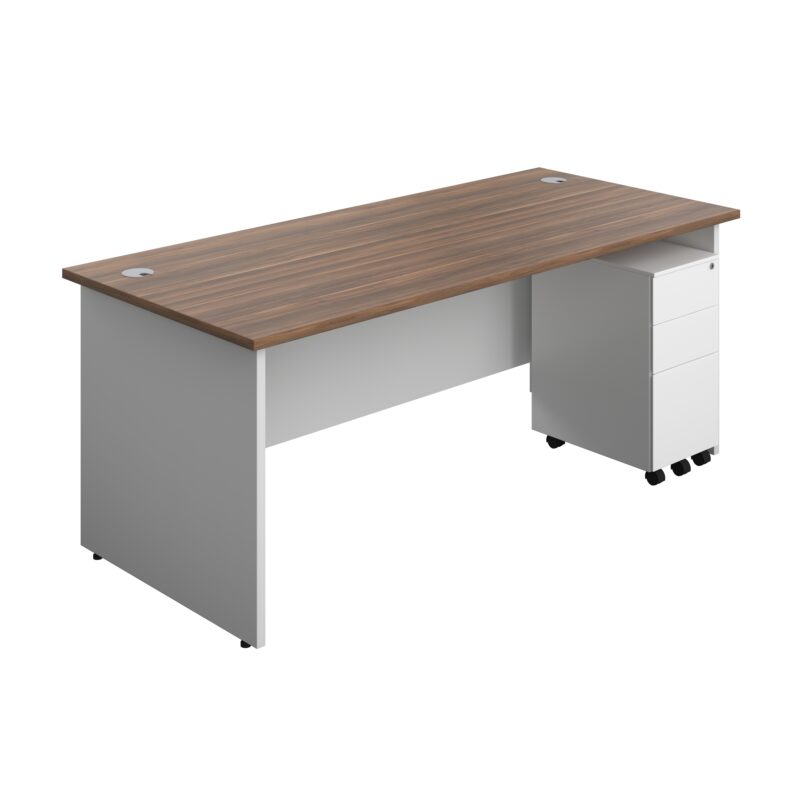 Panel Plus Rectangular Desk + 3 Drawer Slimline Steel Pedestal Bundle | 1800X800 | Dark Walnut/White