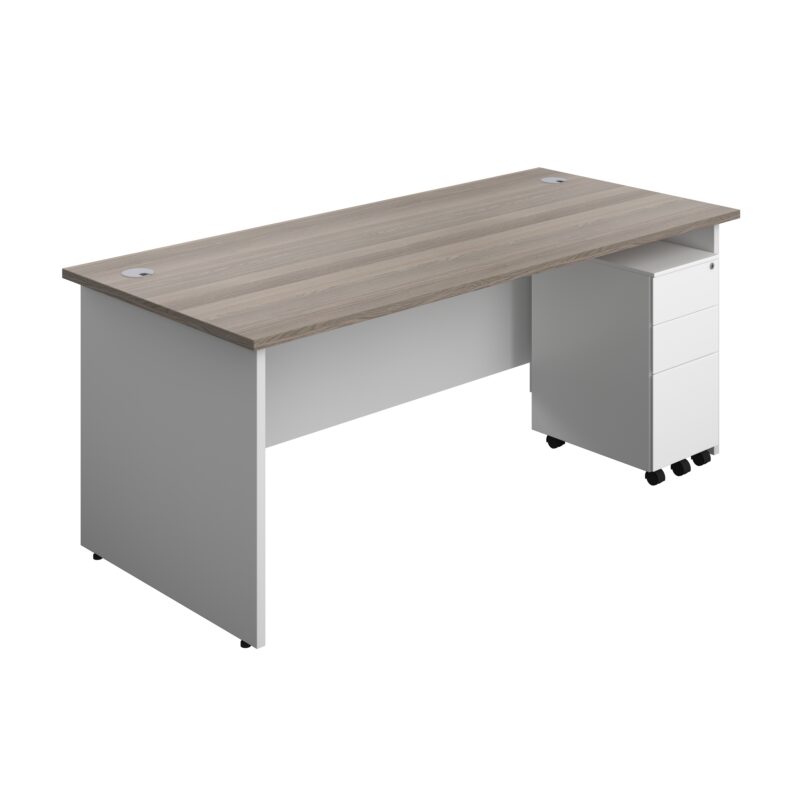 Panel Plus Rectangular Desk + 3 Drawer Slimline Steel Pedestal Bundle | 1800X800 | Grey Oak/White