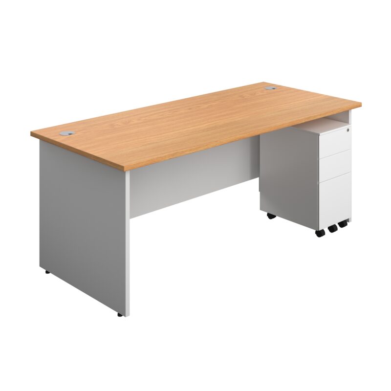 Panel Plus Rectangular Desk + 3 Drawer Slimline Steel Pedestal Bundle | 1800X800 | Nova Oak/White