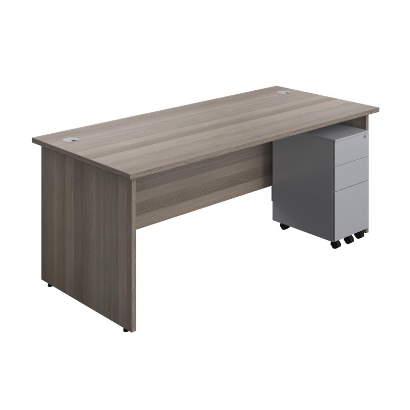 Panel Rectangular Desk + 3 Drawer Slimline Steel Pedestal Bundle | 1800X800 | Grey Oak/Silver