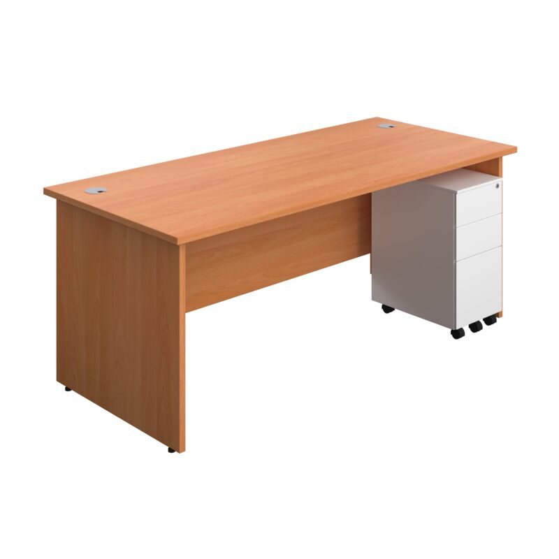 Panel Rectangular Desk + 3 Drawer Slimline Steel Pedestal Bundle | 1800X800 | Beech/White