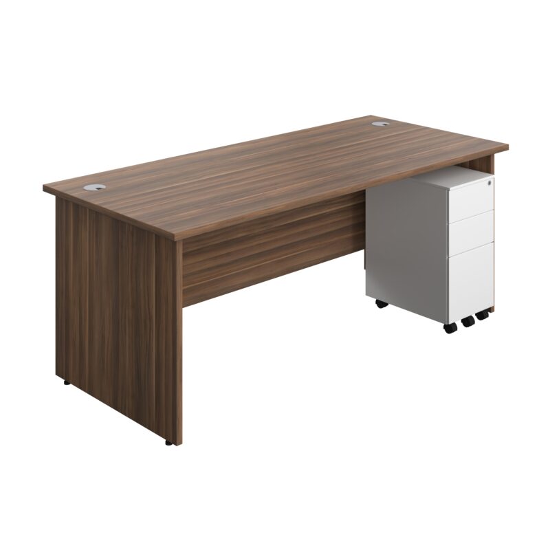 Panel Rectangular Desk + 3 Drawer Slimline Steel Pedestal Bundle | 1800X800 | Dark Walnut/White