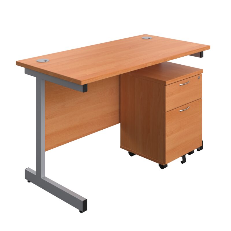 Single Upright Rectangular Desk + Mobile 2 Drawer Pedestal | 1200 X 600 | Beech/Silver