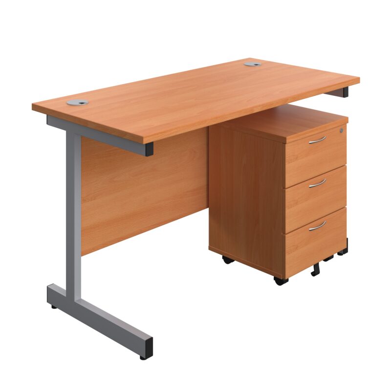 Single Upright Rectangular Desk + Mobile 3 Drawer Pedestal | 1200 X 600 | Beech/Silver