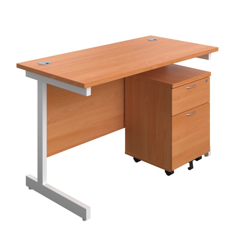 Single Upright Rectangular Desk + Mobile 2 Drawer Pedestal | 1200 X 600 | Beech/White