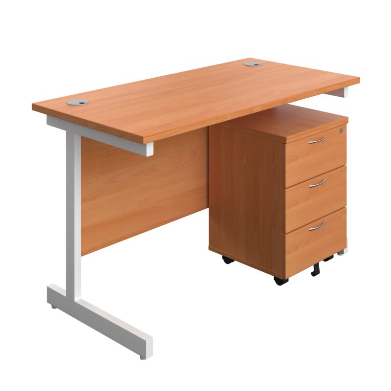 Single Upright Rectangular Desk + Mobile 3 Drawer Pedestal | 1200 X 600 | Beech/White