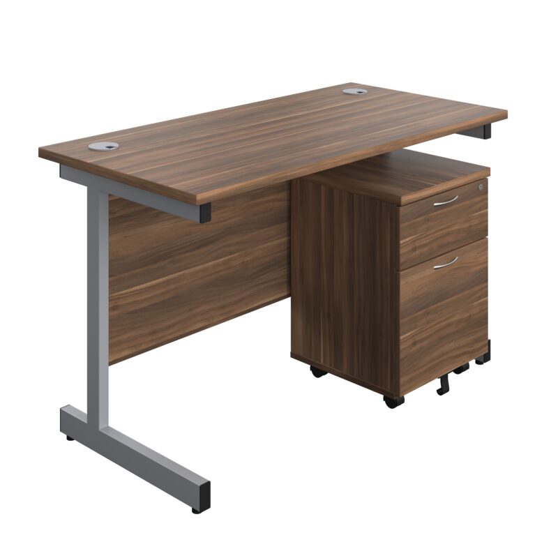 Single Upright Rectangular Desk + Mobile 2 Drawer Pedestal | 1200 X 600 | Dark Walnut/Silver