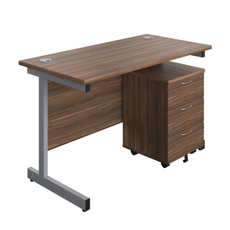 Single Upright Rectangular Desk + Mobile 3 Drawer Pedestal | 1200 X 600 | Dark Walnut/Silver