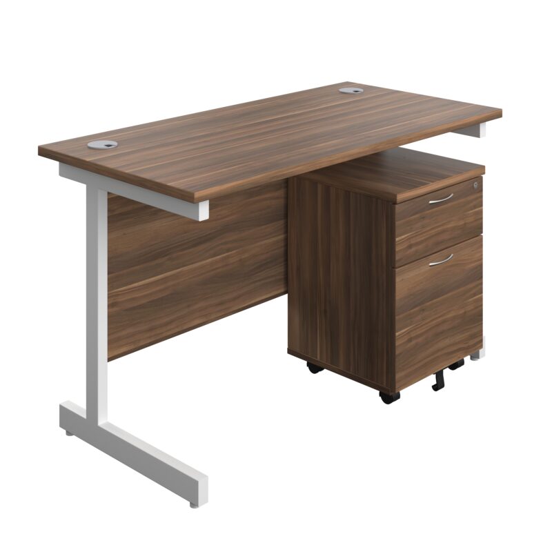 Single Upright Rectangular Desk + Mobile 2 Drawer Pedestal | 1200 X 600 | Dark Walnut/White