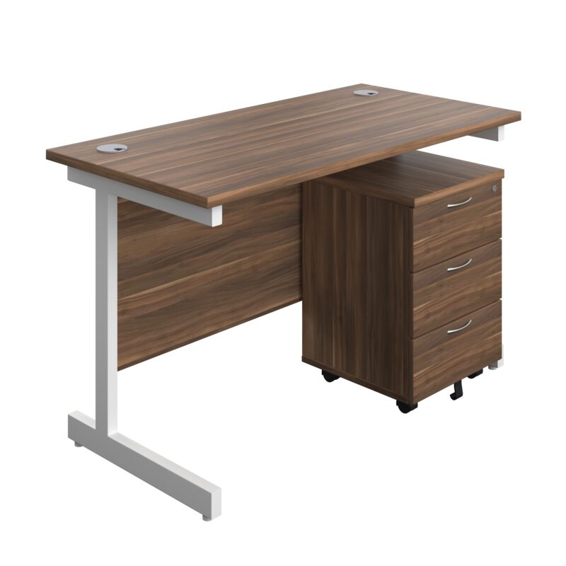 Single Upright Rectangular Desk + Mobile 3 Drawer Pedestal | 1200 X 600 | Dark Walnut/White