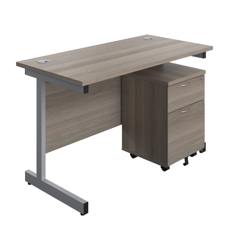 Single Upright Rectangular Desk + Mobile 2 Drawer Pedestal | 1200 X 600 | Grey Oak/Silver