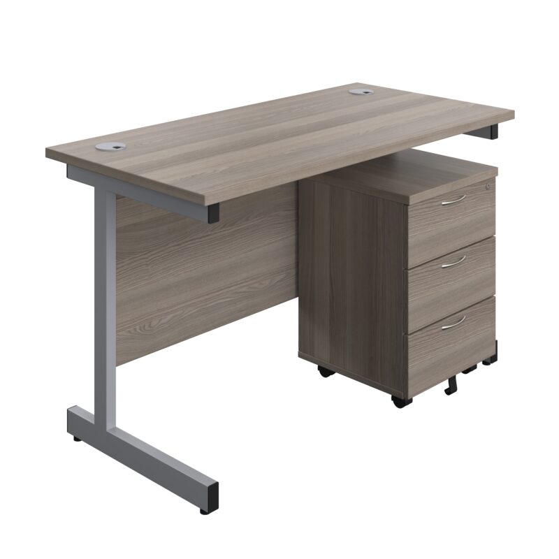 Single Upright Rectangular Desk + Mobile 3 Drawer Pedestal | 1200 X 600 | Grey Oak/Silver