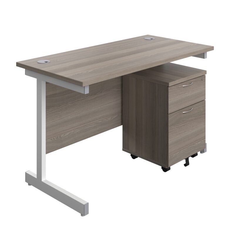 Single Upright Rectangular Desk + Mobile 2 Drawer Pedestal | 1200 X 600 | Grey Oak/White