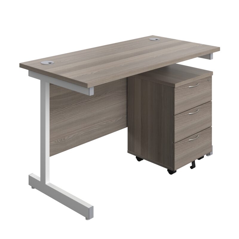 Single Upright Rectangular Desk + Mobile 3 Drawer Pedestal | 1200 X 600 | Grey Oak/White