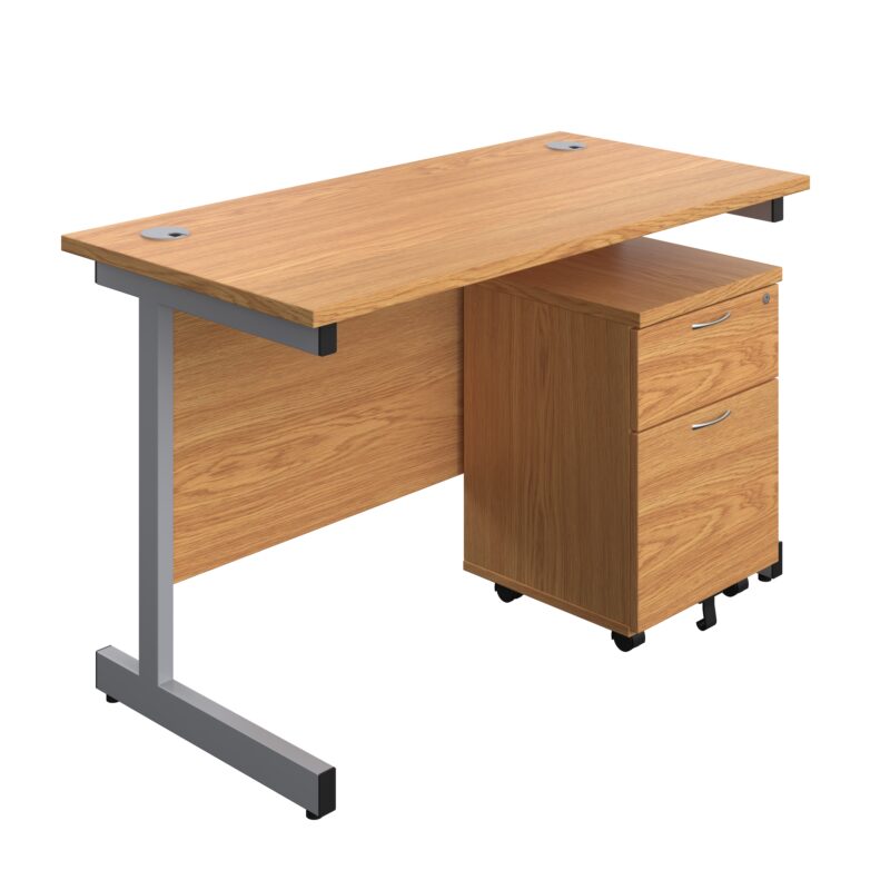 Single Upright Rectangular Desk + Mobile 2 Drawer Pedestal | 1200 X 600 | Nova Oak/Silver