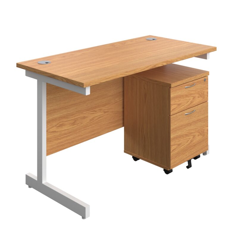 Single Upright Rectangular Desk + Mobile 2 Drawer Pedestal | 1200 X 600 | Nova Oak/White