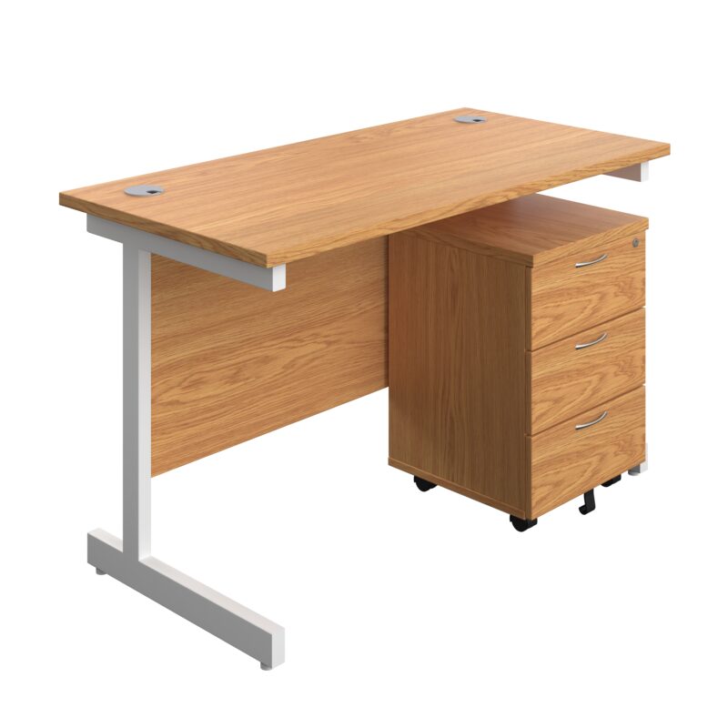 Single Upright Rectangular Desk + Mobile 3 Drawer Pedestal | 1200 X 600 | Nova Oak/White