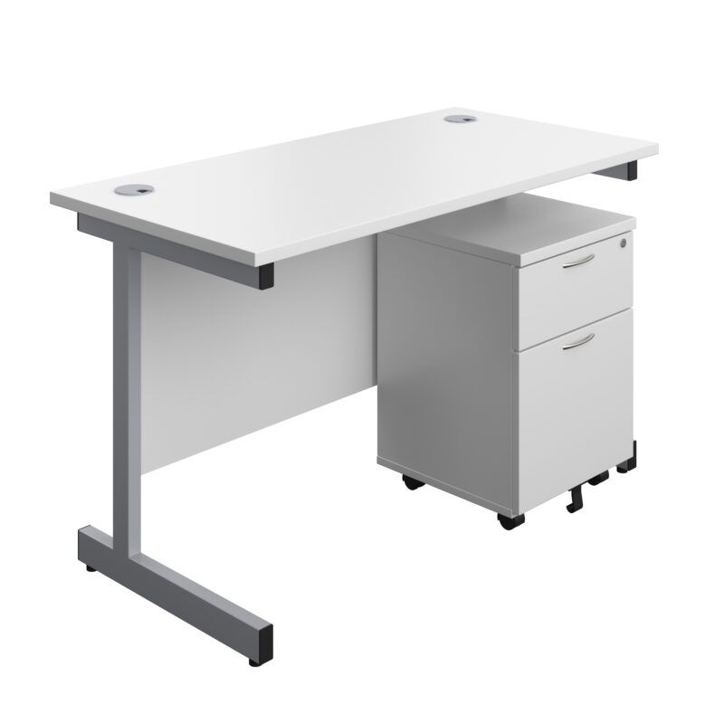 Single Upright Rectangular Desk + Mobile 2 Drawer Pedestal | 1200 X 600 | White/Silver