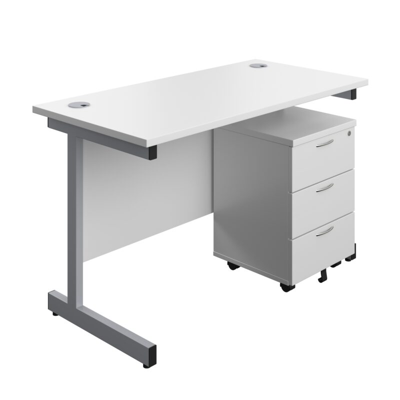 Single Upright Rectangular Desk + Mobile 3 Drawer Pedestal | 1200 X 600 | White/Silver