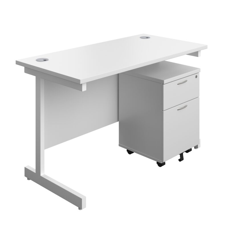 Single Upright Rectangular Desk + Mobile 2 Drawer Pedestal | 1200 X 600 | White/White