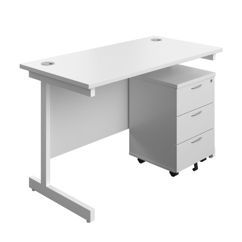 Single Upright Rectangular Desk + Mobile 3 Drawer Pedestal | 1200 X 600 | White/White