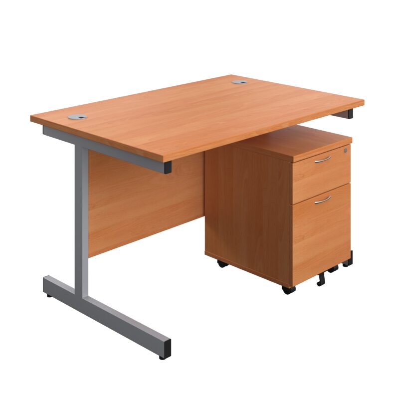 Single Upright Rectangular Desk + Mobile 2 Drawer Pedestal | 1200 X 800 | Beech/Silver