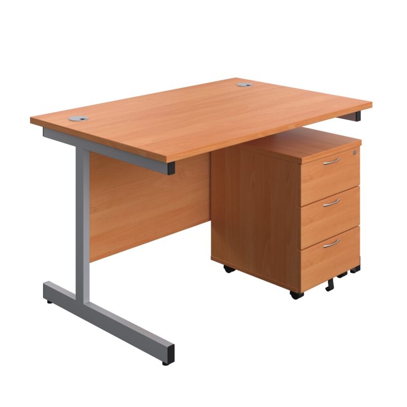 Single Upright Rectangular Desk + Mobile 3 Drawer Pedestal | 1200 X 800 | Beech/Silver