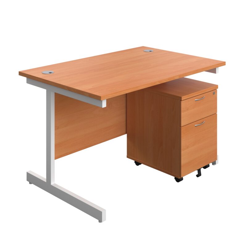 Single Upright Rectangular Desk + Mobile 2 Drawer Pedestal | 1200 X 800 | Beech/White