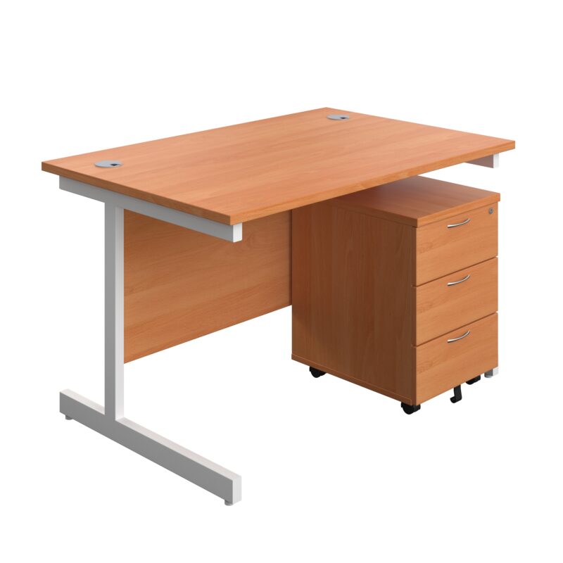 Single Upright Rectangular Desk + Mobile 3 Drawer Pedestal | 1200 X 800 | Beech/White