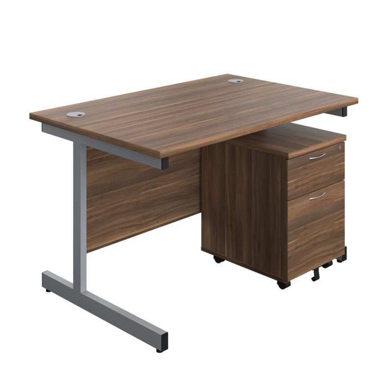 Single Upright Rectangular Desk + Mobile 2 Drawer Pedestal | 1200 X 800 | Dark Walnut/Silver