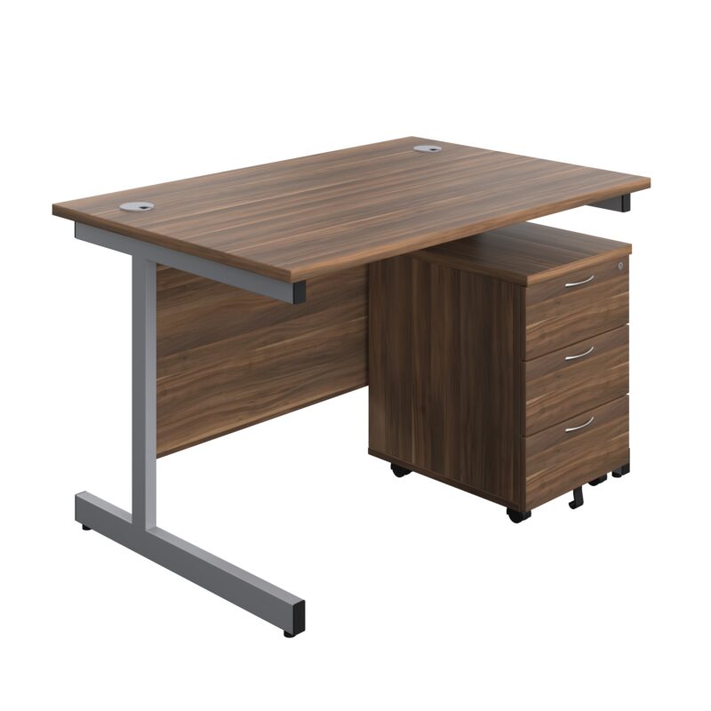 Single Upright Rectangular Desk + Mobile 3 Drawer Pedestal | 1200 X 800 | Dark Walnut/Silver