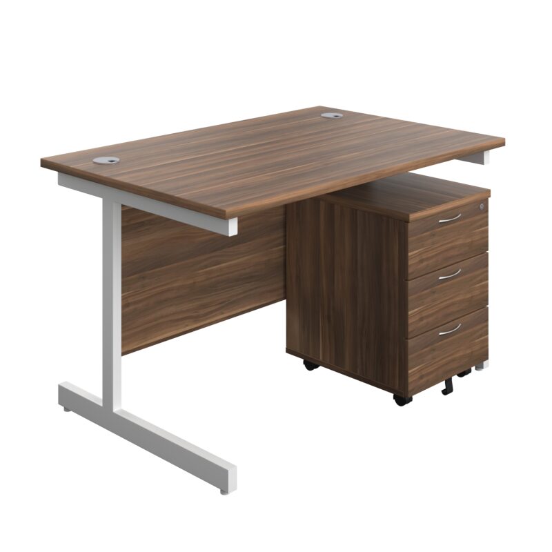 Single Upright Rectangular Desk + Mobile 3 Drawer Pedestal | 1200 X 800 | Dark Walnut/White