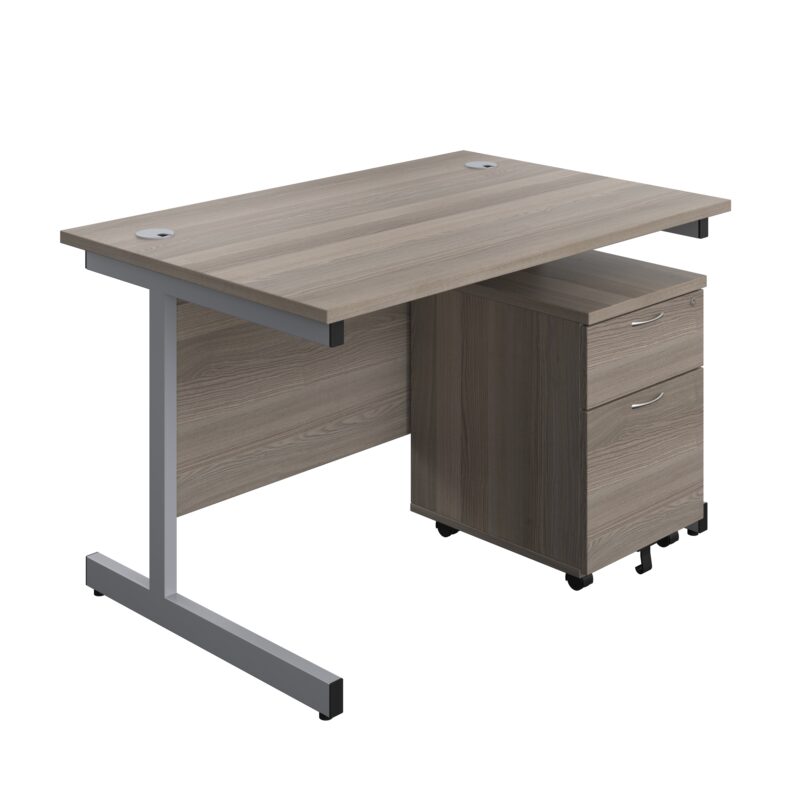 Single Upright Rectangular Desk + Mobile 2 Drawer Pedestal | 1200 X 800 | Grey Oak/Silver