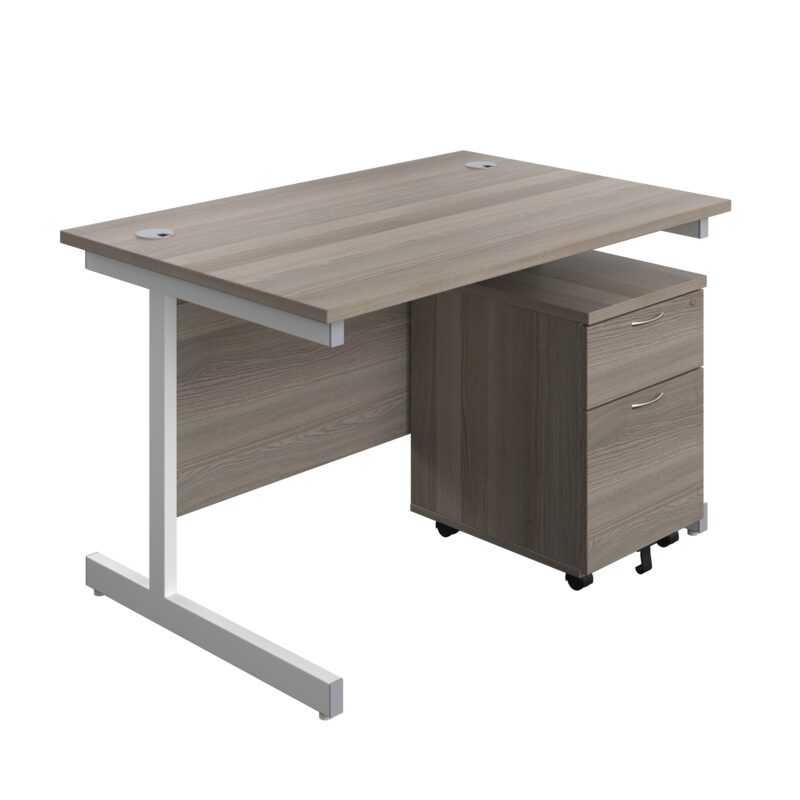 Single Upright Rectangular Desk + Mobile 2 Drawer Pedestal | 1200 X 800 | Grey Oak/White