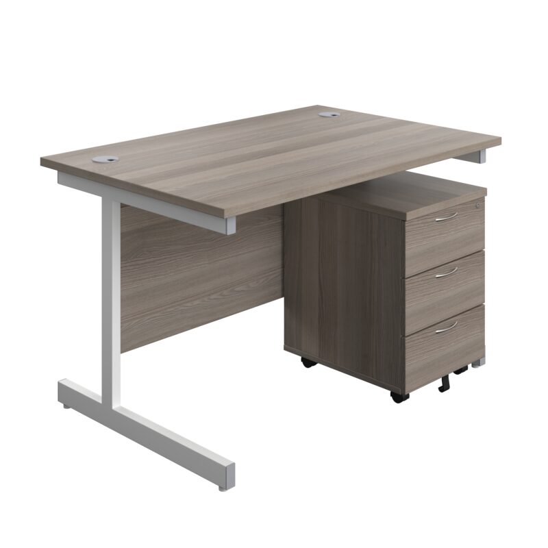 Single Upright Rectangular Desk + Mobile 3 Drawer Pedestal | 1200 X 800 | Grey Oak/White