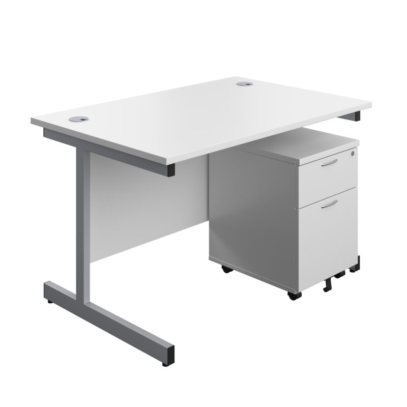 Single Upright Rectangular Desk + Mobile 2 Drawer Pedestal | 1200 X 800 | White/Silver