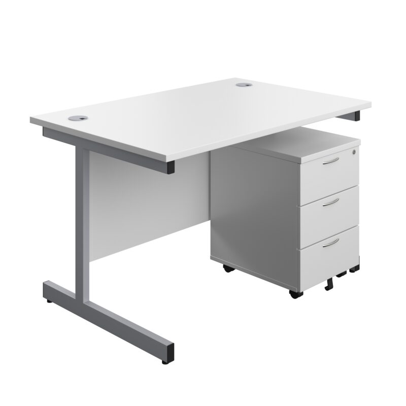 Single Upright Rectangular Desk + Mobile 3 Drawer Pedestal | 1200 X 800 | White/Silver