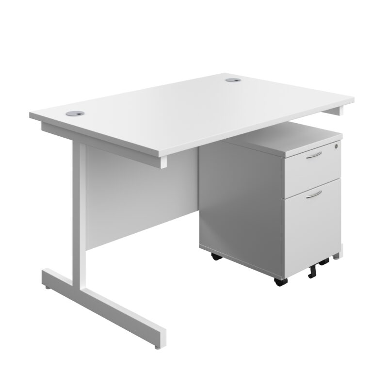 Single Upright Rectangular Desk + Mobile 2 Drawer Pedestal | 1200 X 800 | White/White