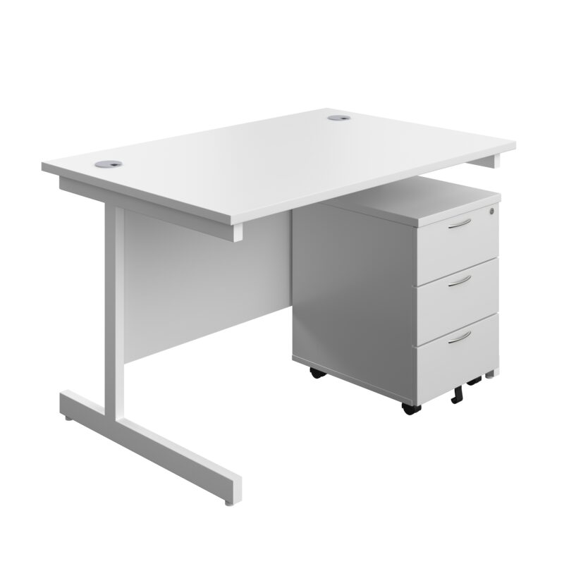 Single Upright Rectangular Desk + Mobile 3 Drawer Pedestal | 1200 X 800 | White/White