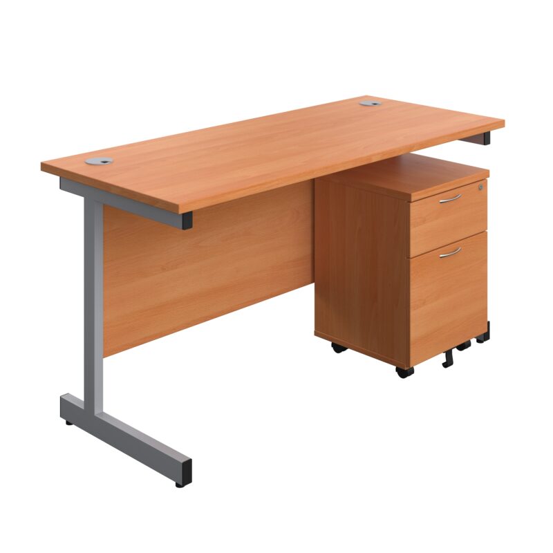 Single Upright Rectangular Desk + Mobile 2 Drawer Pedestal | 1400 X 600 | Beech/Silver