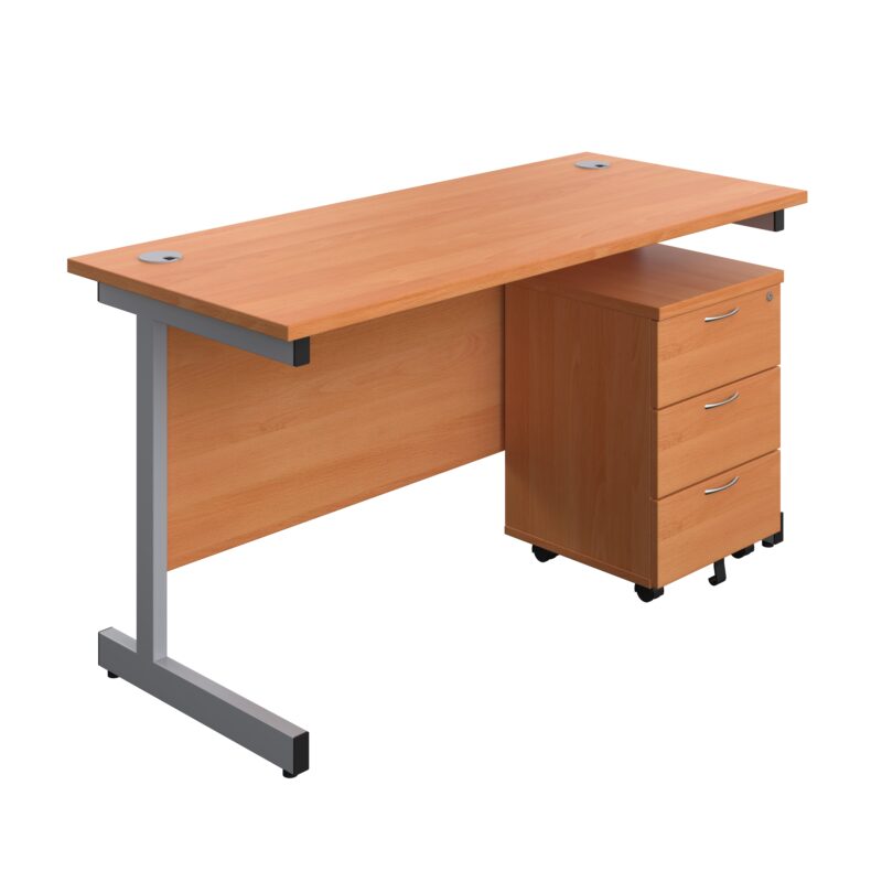 Single Upright Rectangular Desk + Mobile 3 Drawer Pedestal | 1400 X 600 | Beech/Silver