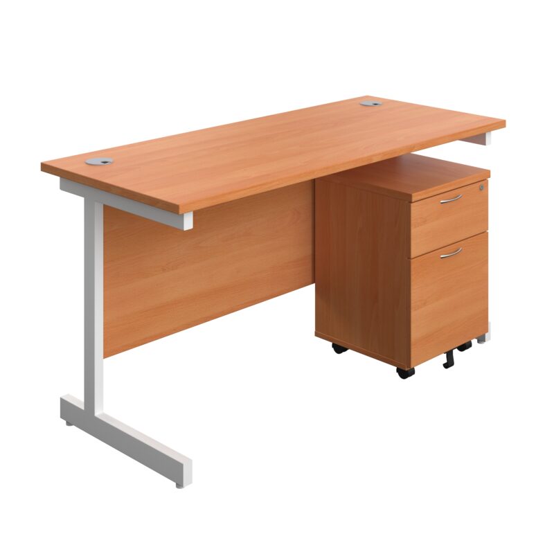 Single Upright Rectangular Desk + Mobile 2 Drawer Pedestal | 1400 X 600 | Beech/White