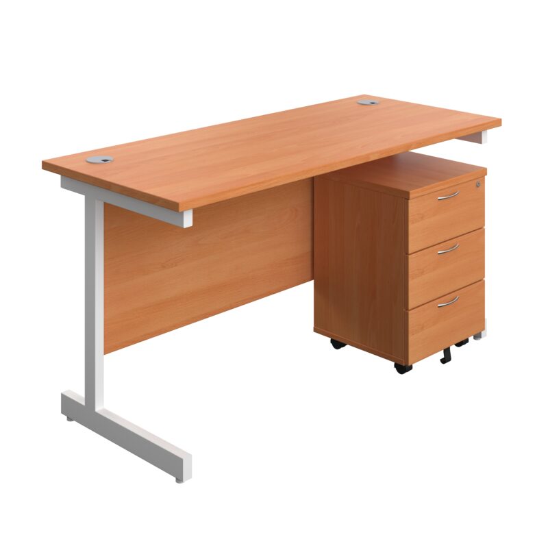 Single Upright Rectangular Desk + Mobile 3 Drawer Pedestal | 1400 X 600 | Beech/White