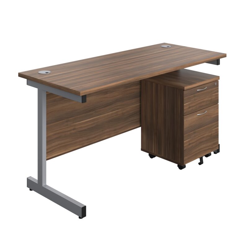 Single Upright Rectangular Desk + Mobile 2 Drawer Pedestal | 1400 X 600 | Dark Walnut/Silver