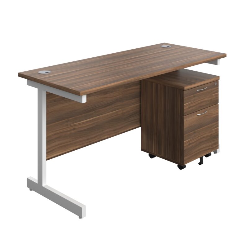 Single Upright Rectangular Desk + Mobile 2 Drawer Pedestal | 1400 X 600 | Dark Walnut/White