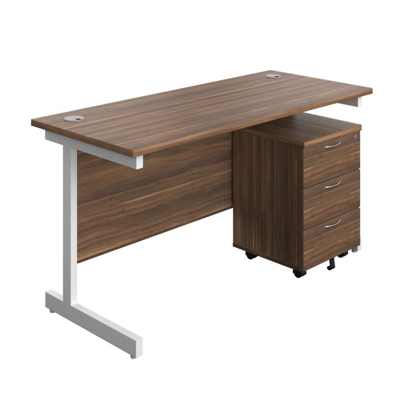 Single Upright Rectangular Desk + Mobile 3 Drawer Pedestal | 1400 X 600 | Dark Walnut/White