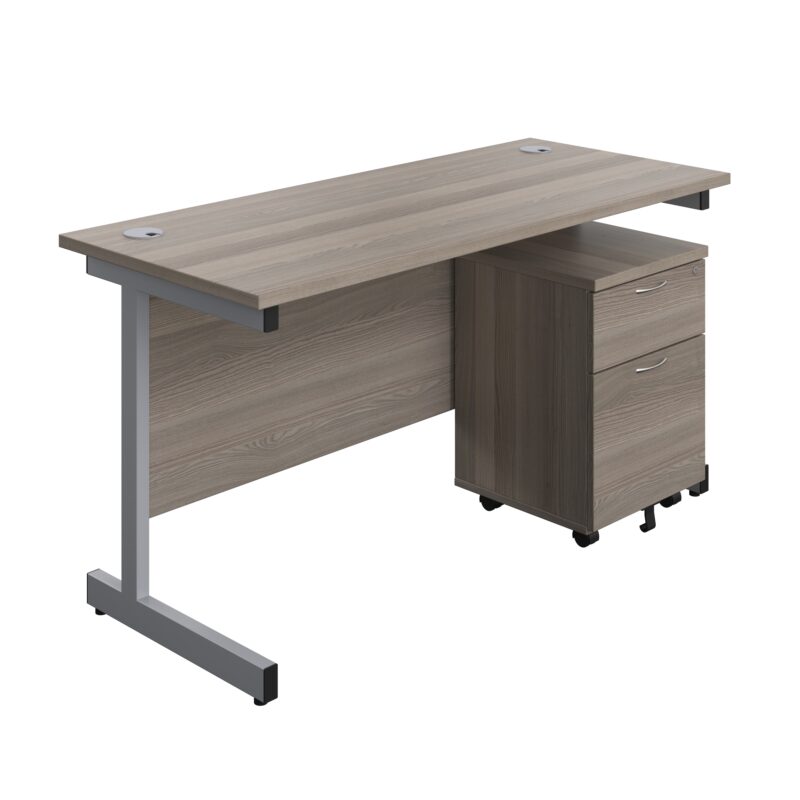 Single Upright Rectangular Desk + Mobile 2 Drawer Pedestal | 1400 X 600 | Grey Oak/Silver