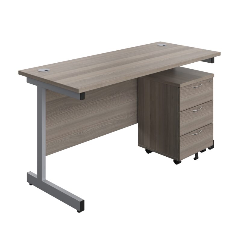 Single Upright Rectangular Desk + Mobile 3 Drawer Pedestal | 1400 X 600 | Grey Oak/Silver